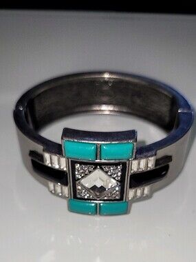 Lia Sophia Geometric Statement Cuff Bracelet Silver Tone Turquoise Black Crystal